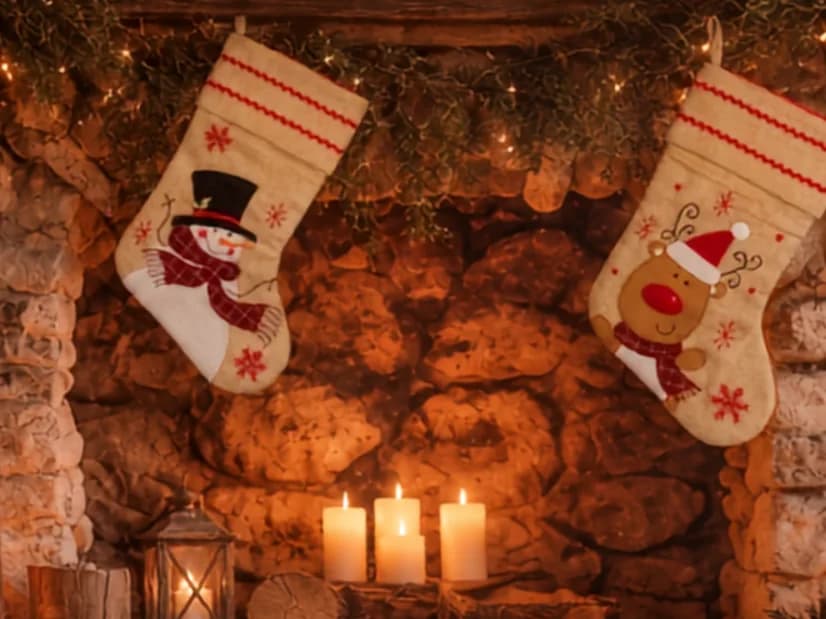 Décor de Noël XXL au coin du feu : cheminée en pierre, chaussettes, lanternes et bougies