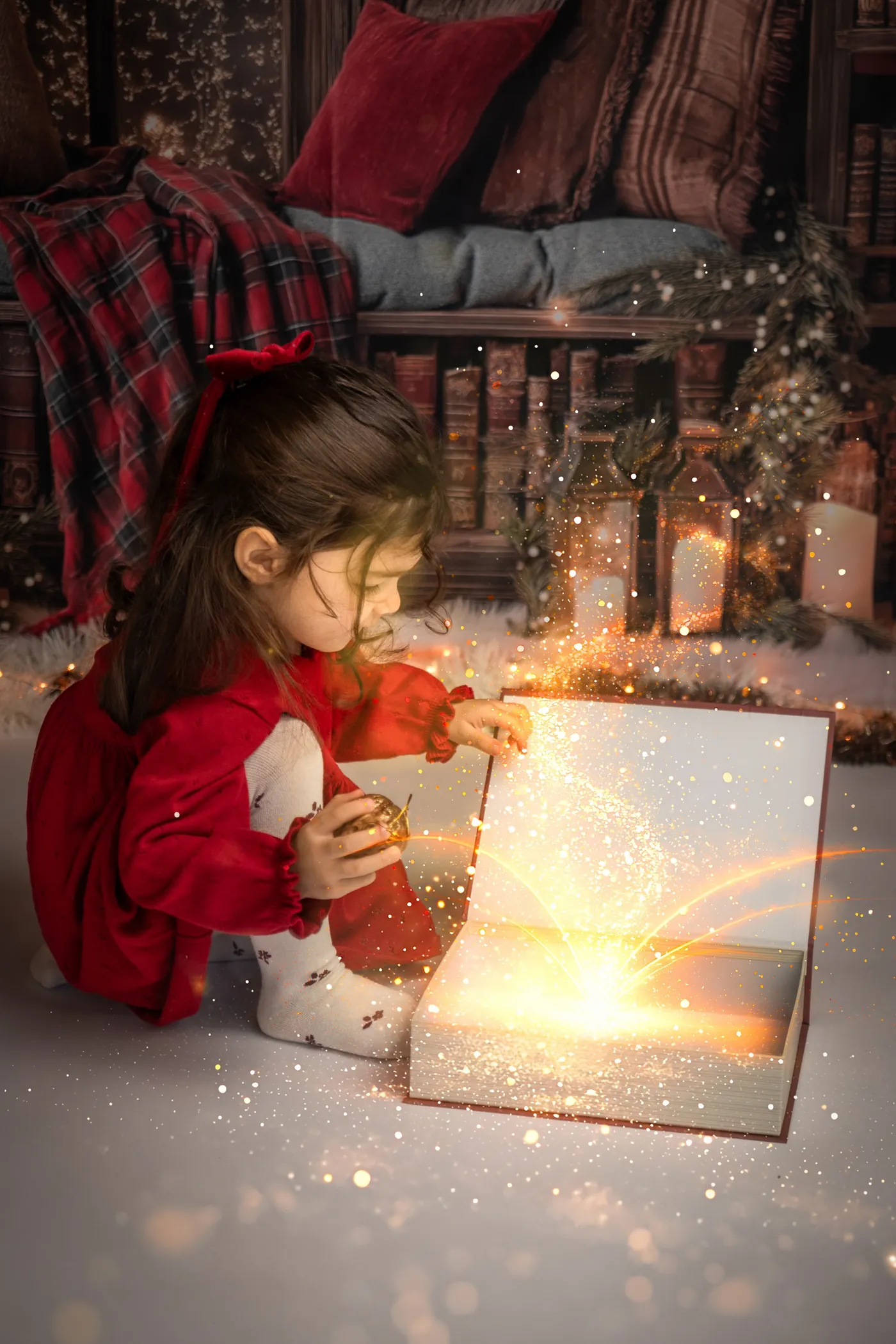 Petite fille en robe rouge devant un livre qui s'illumine, mini séance photo de Noël au studio à Aix-en-Provence