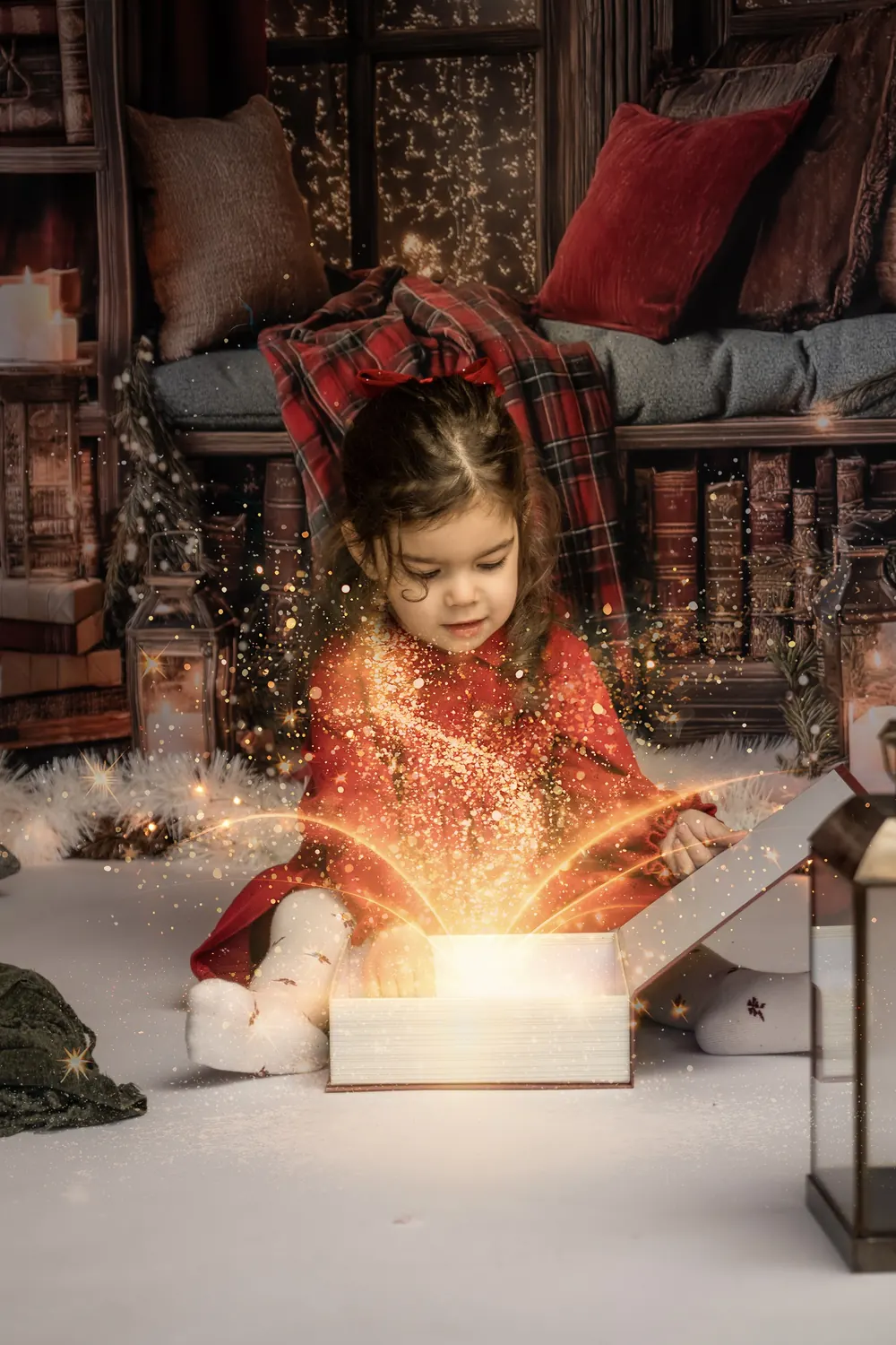 Petite fille en robe rouge devant une boîte qui s'illumine, décor de Noël rouge et vert au studio à Aix-en-Provence